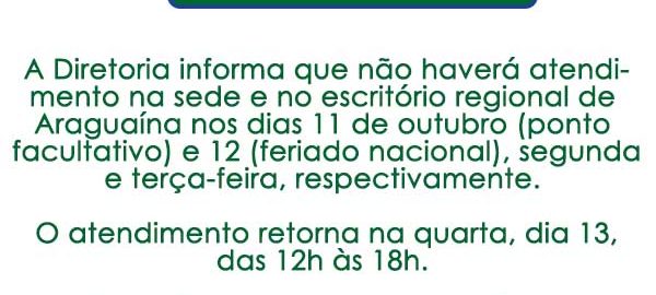 comunicado feriado dia 11 e 12 de outubro